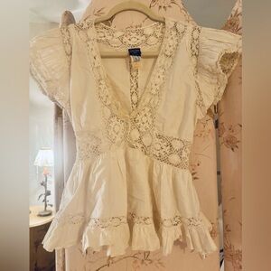 Jean Paul Gaultier Cream Lace-Trim Blouse